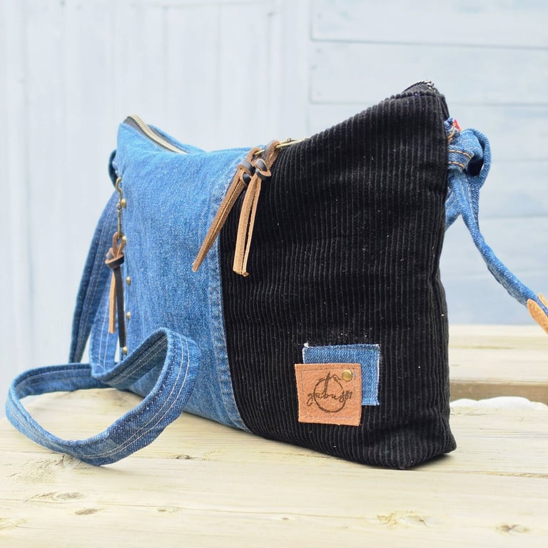 Denim and Black Corduroy Crossbody Bag