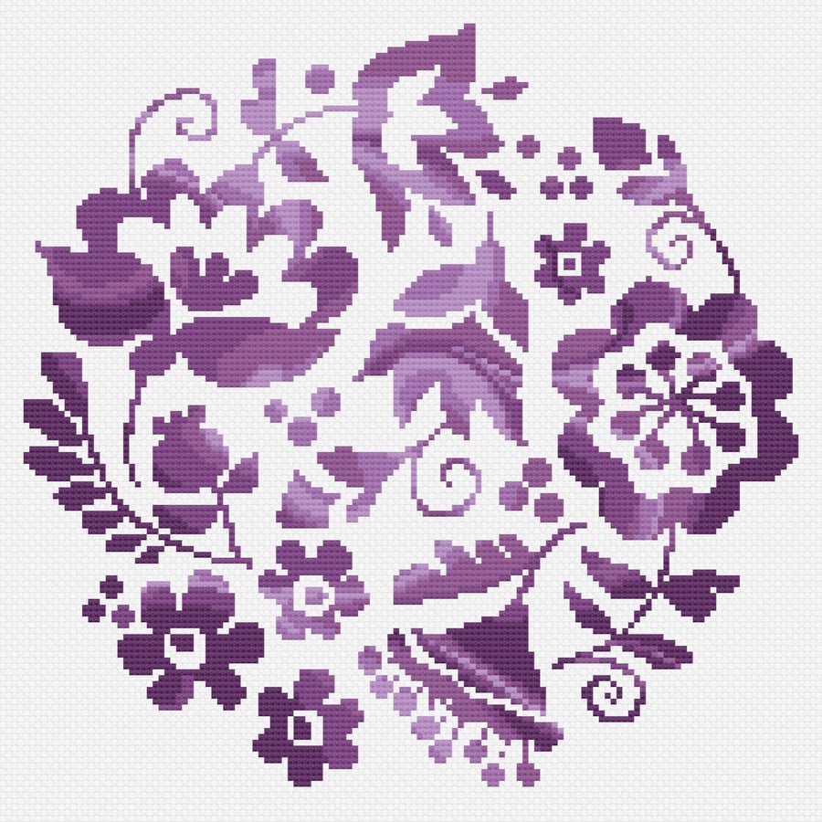 224D - Cross stitch Pattern Ukrainian Folk Art Flowers PURPLE (PDF Chart)