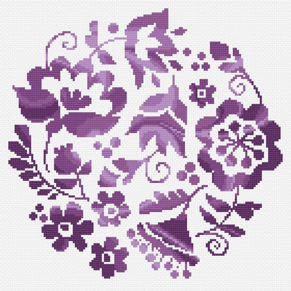 224D - Cross stitch Pattern Ukrainian Folk Art Flowers PURPLE (PDF Chart)