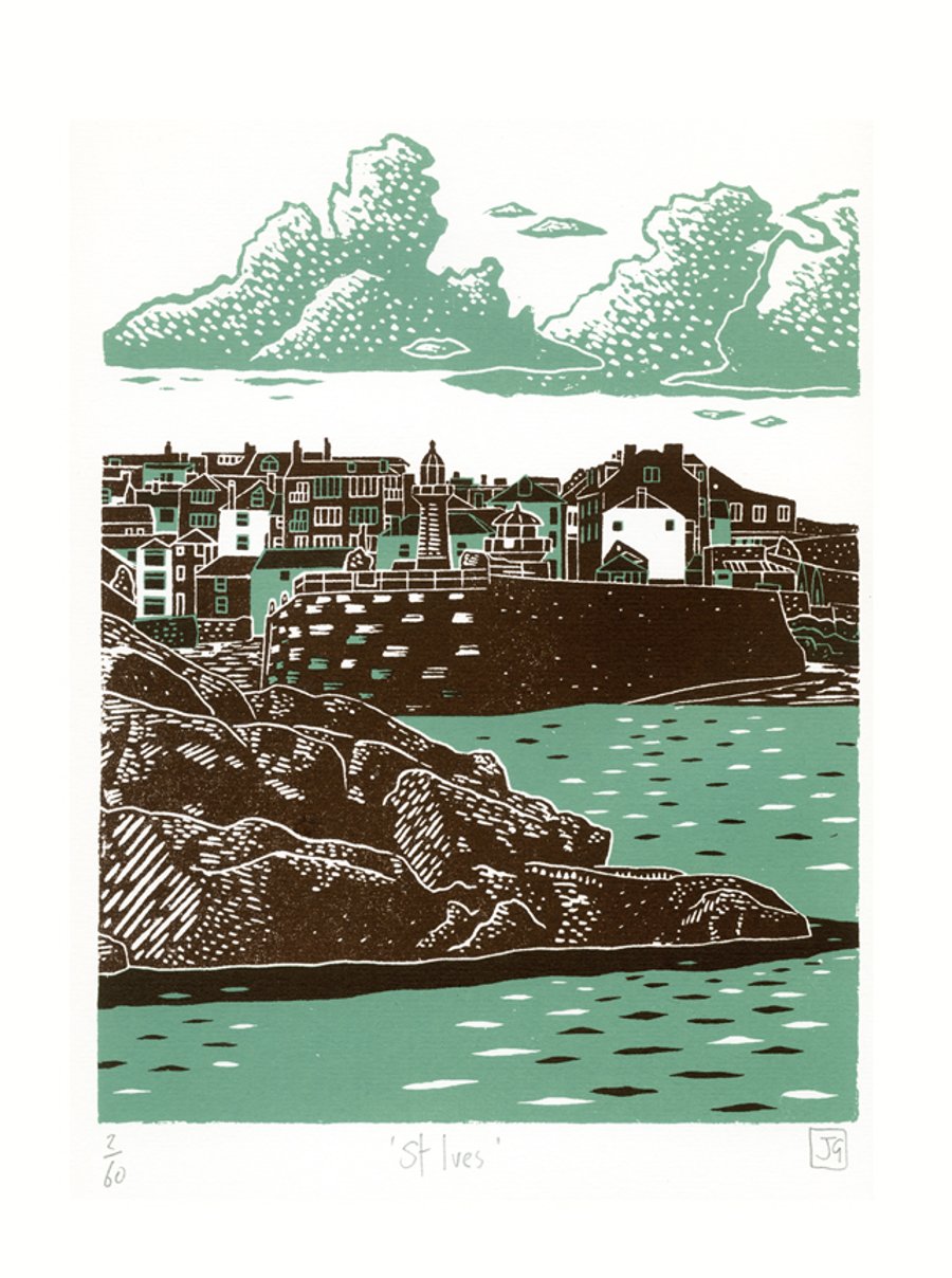 St Ives two-colour A3 linocut screen-print