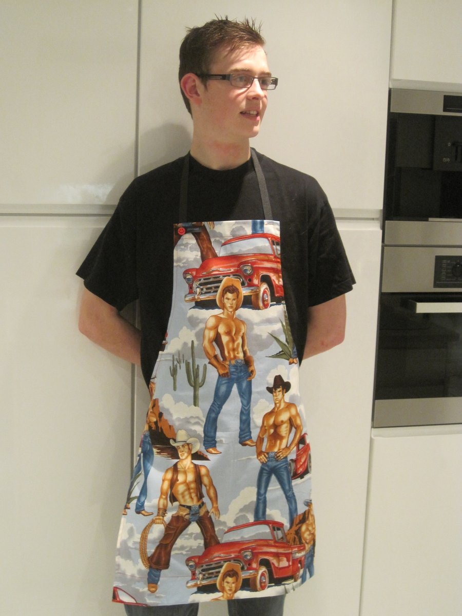 GAYPRONS aprons in retro pin up Wranglers fabric by Alexander Henry