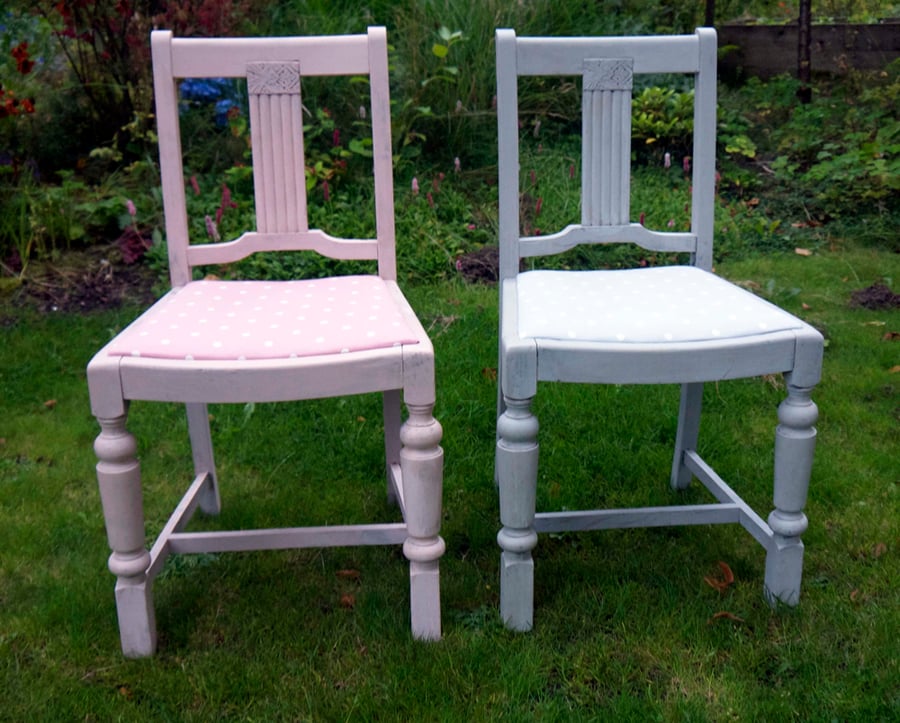 Pair of refurbished painted shabby chic grey pink chairs with polkadot fabric