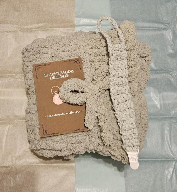 Sage Green Chunky Hand Knitted Baby Blanket with matching dummy clip