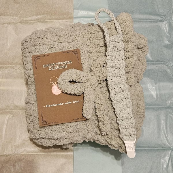 Sage Green Chunky Hand Knitted Baby Blanket with matching dummy clip