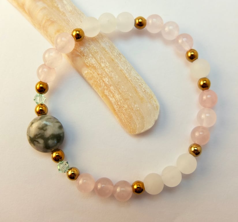 Peace Jade, Rose Quartz, White Jade & Swarovski Bracelet - Handmade In Devon.