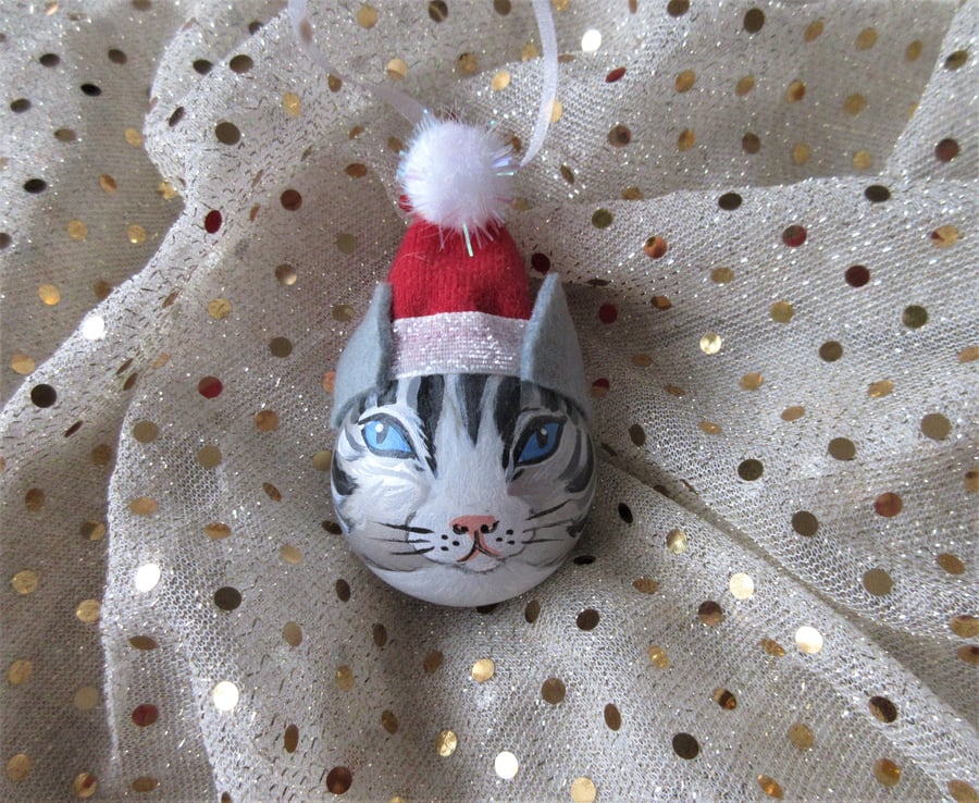 Cat Bauble Christmas Tree Decoration Wooden Tabby Cat in Santa Hat
