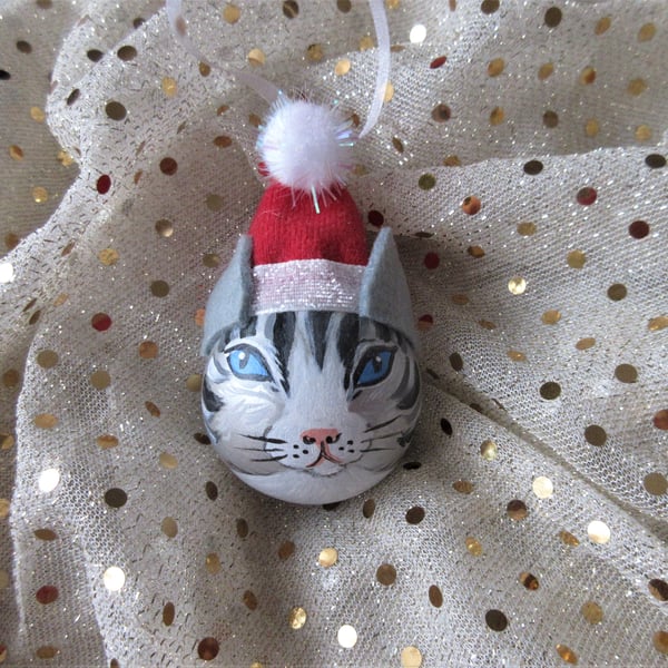 Cat Bauble Christmas Tree Decoration Wooden Tabby Cat in Santa Hat