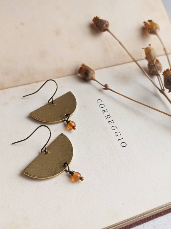 Harvest Moon earrings - Golden Semi Circle earrings with orange carnelian gems