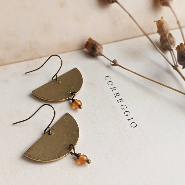 Harvest Moon earrings - Golden Semi Circle earrings with orange carnelian gems