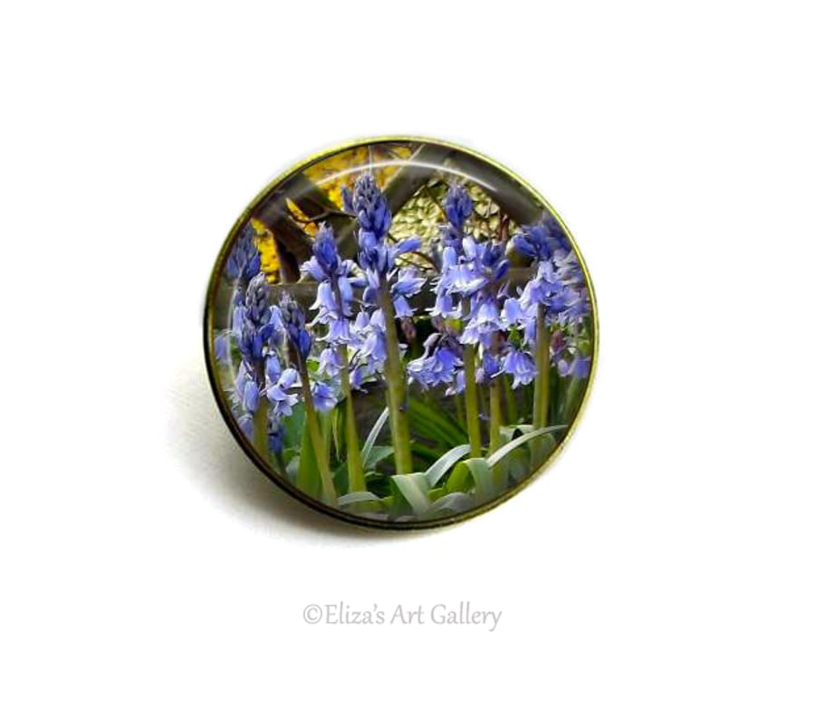 Gold Tone Bluebell Flower Photo Brooch