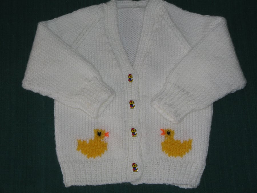 Hand Knitted Duck Cardigan   Chest 22  56cm