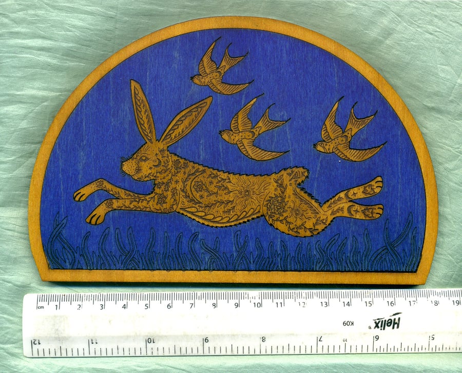 Hare and swallow folk art marquetry