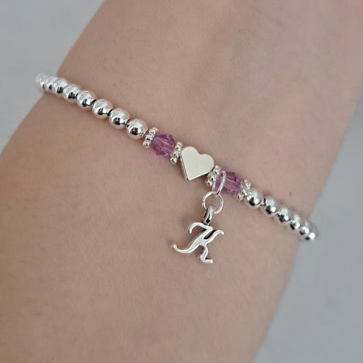 Personalised Silver Initial Bracelet with Heart Bead and Birthstone Beads