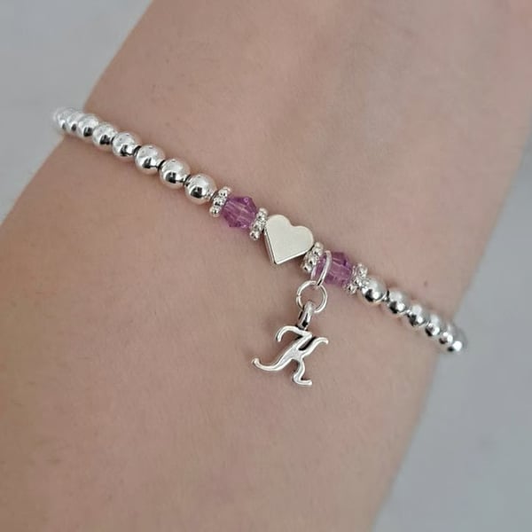 Personalised Silver Initial Bracelet with Heart Bead and Birthstone Beads