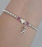 Personalised Silver Initial Bracelet with Heart Bead and Birthstone Beads