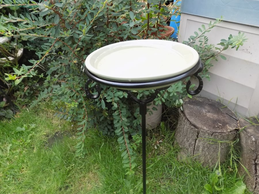Glazed Bird Bath or Feeder...........With Hand Crafted Wrought Iron Holder