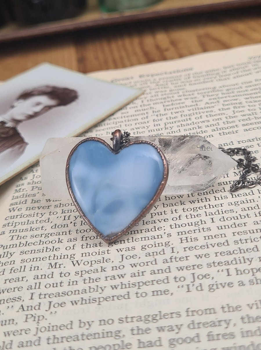 Opal cabochon, romantic heart gemstone , copper electroformed pendant, fantasy f