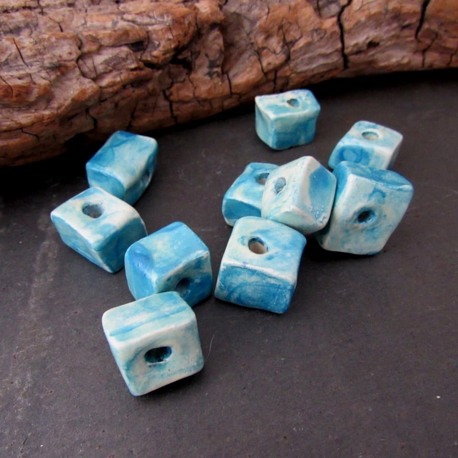 10 Small Bright Blue Glazed Cube Clay Beads