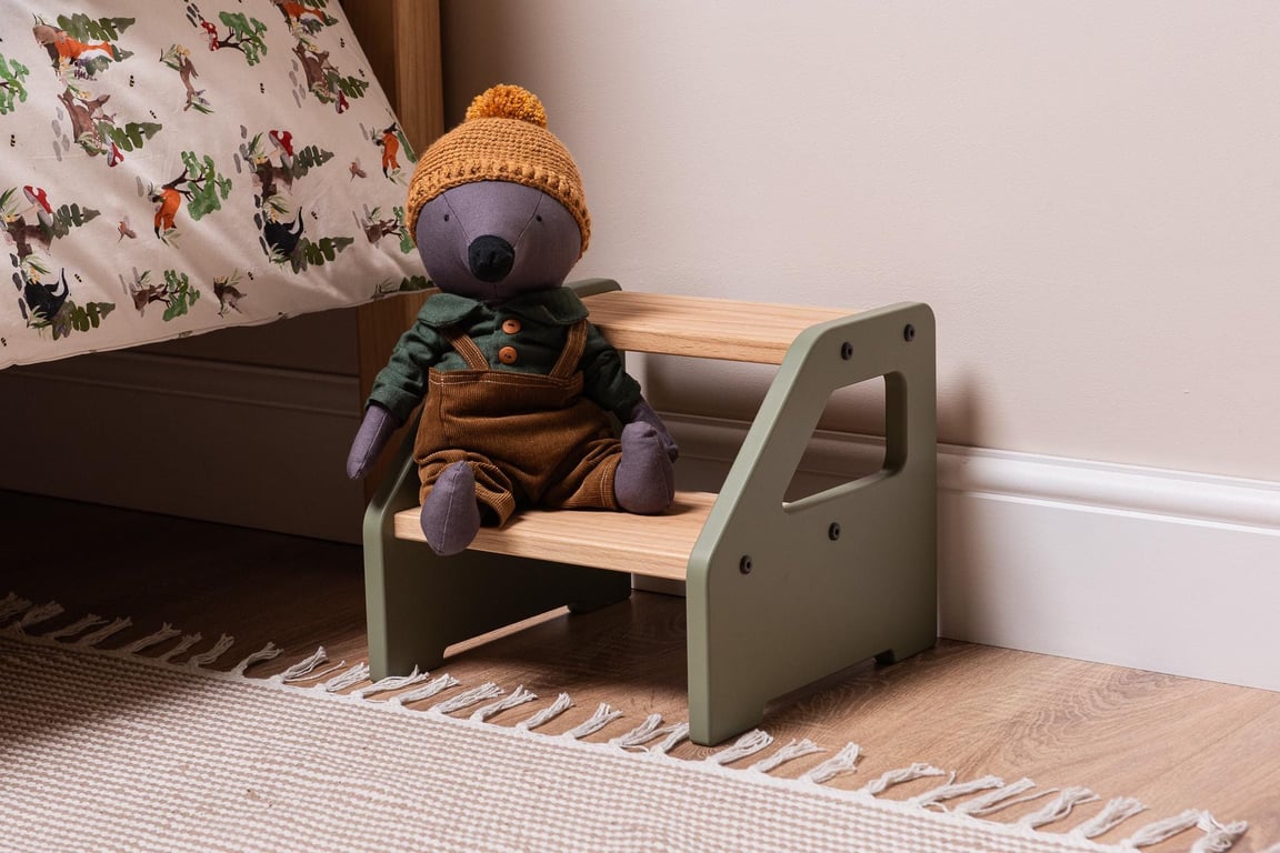 Kids Step Stool - Woodland Sage with Solid Oak Wood Steps. 