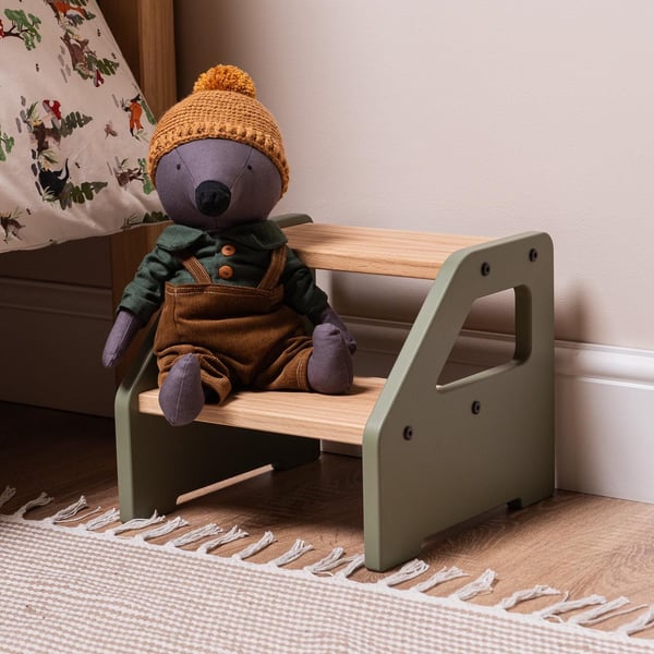 Kids Step Stool - Woodland Sage with Solid Oak Wood Steps. 