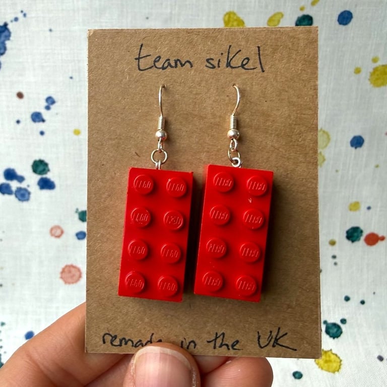 Upcycled Red 2x4 Lego Earrings - Silver Plate - Old Stock - Super Seconds