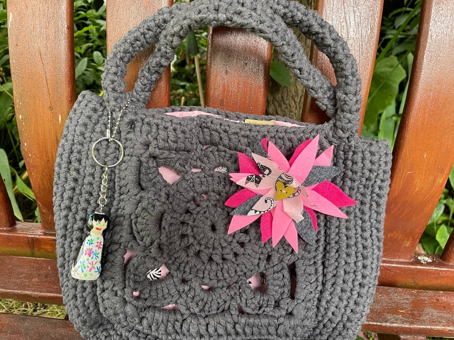 Hand Bag Crocheted in Grey
