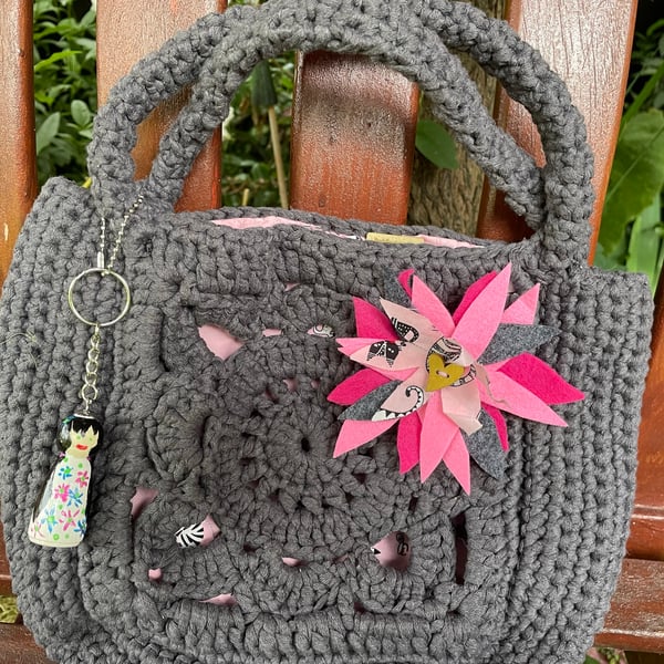 Hand Bag Crocheted in Grey