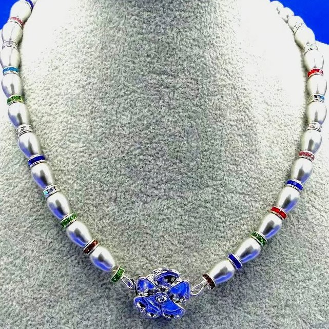 Silver glass pearl and coloured crystal necklace with silver rose clasp party