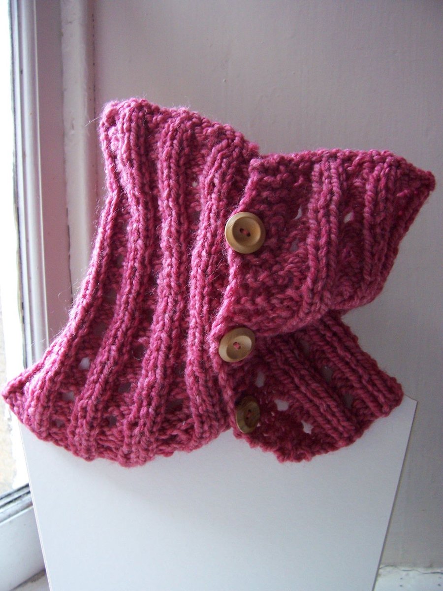 Chunky, eyelet design hand knitted neckwarmer cowl with buttons