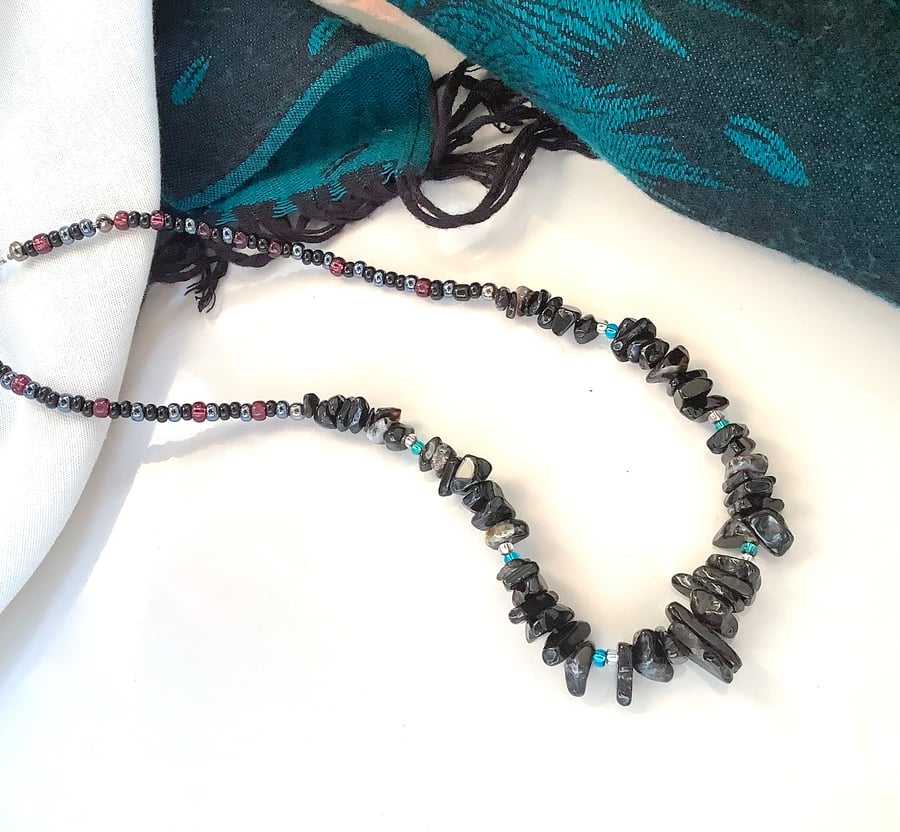 Onyx necklace: Onyx chips, black shiny beads gemstone necklace
