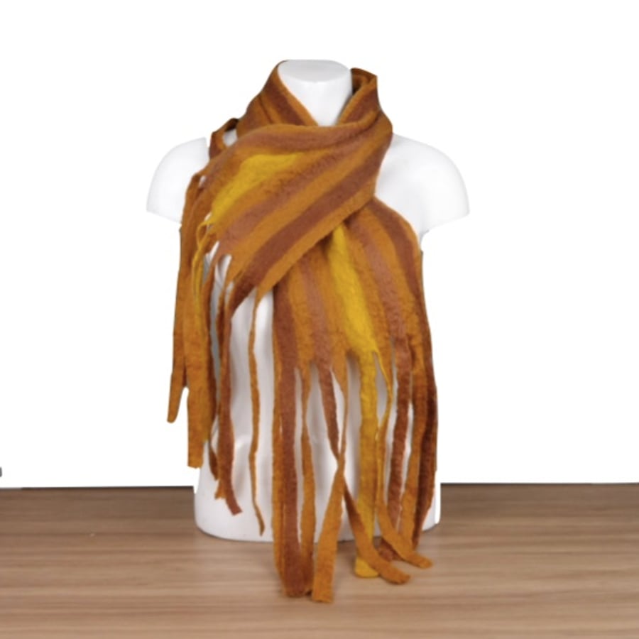 Striped scarf, wet felted, shades of brown with tassels - SALE 