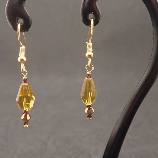 Gold and Tan Beaded Autumnal Earrings for Pierced Ears