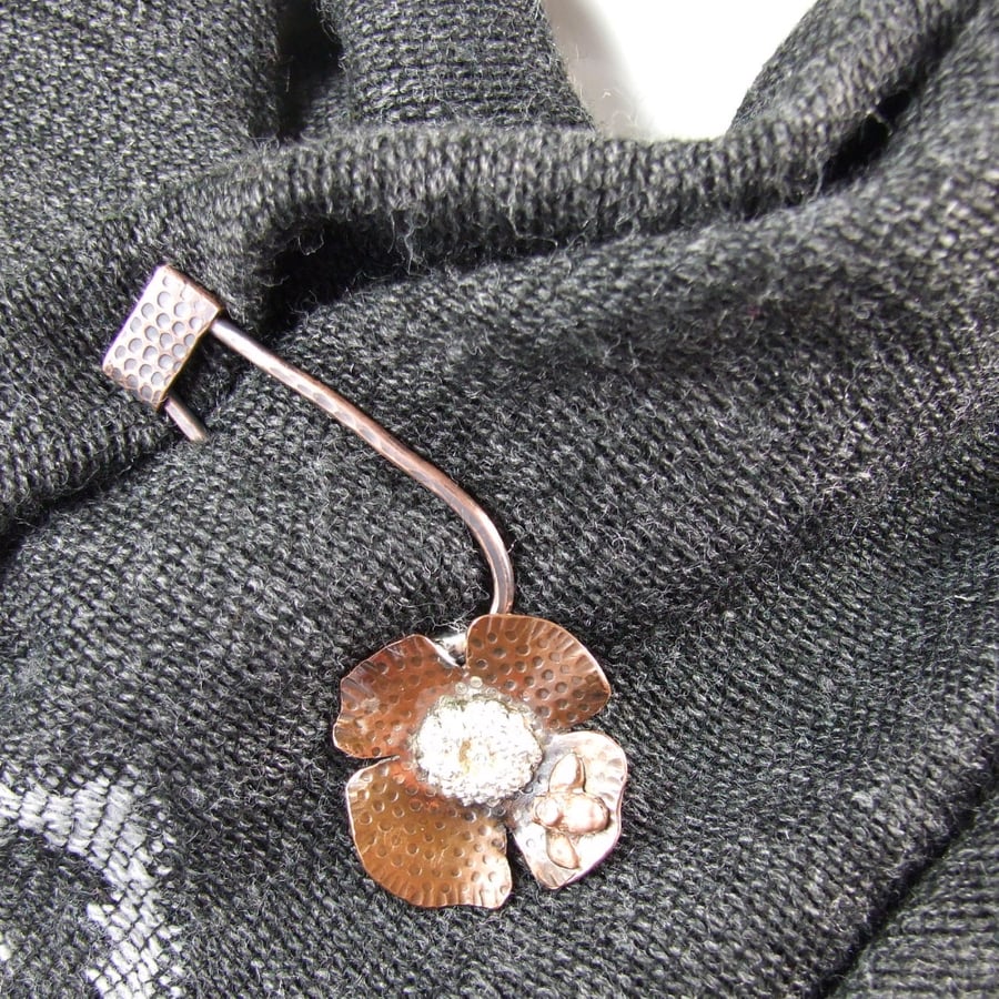 Brooch. Sterling Silver and Copper Flower and Bee Shawl Pin 