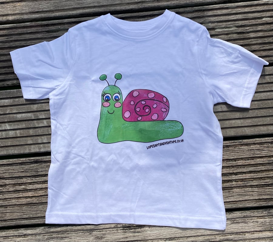 T-shirt collage of Greenie Pie, a garden snail