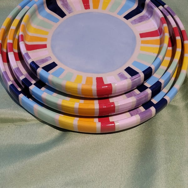 Rainbow three stacking  plate set handmade pottery