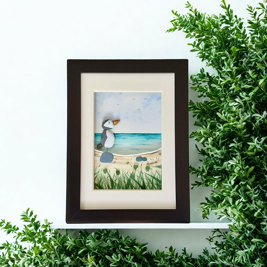 Pebble Puffin Picture, Handmade Coastal Puffin Art, One-of-a-Kind Seaside Gift