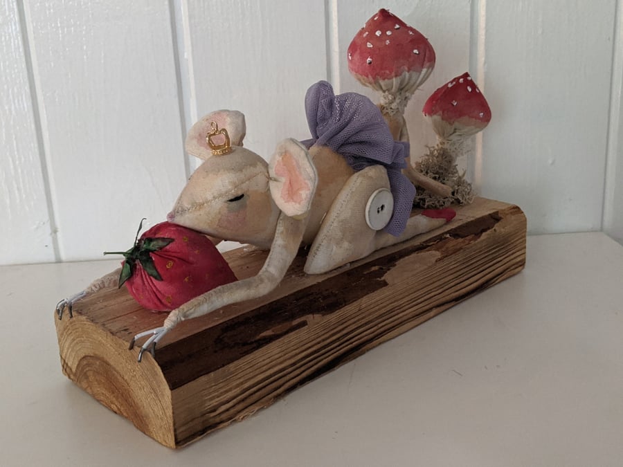 The Strawberry thief. Handmade soft sculpture mouse gift idea.