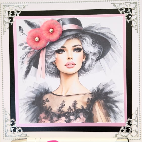 Handmade Fashion Birthday Card, Elegant Glamour Lady in Chic Hat