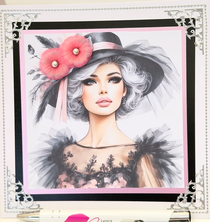 Handmade Fashion Birthday Card, Elegant Glamour Lady in Chic Hat