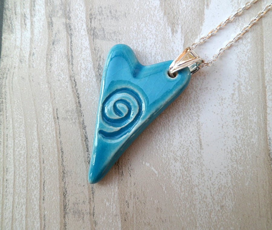 SALE Ceramic heart necklace imprinted with a swirl design - Sterling Silver