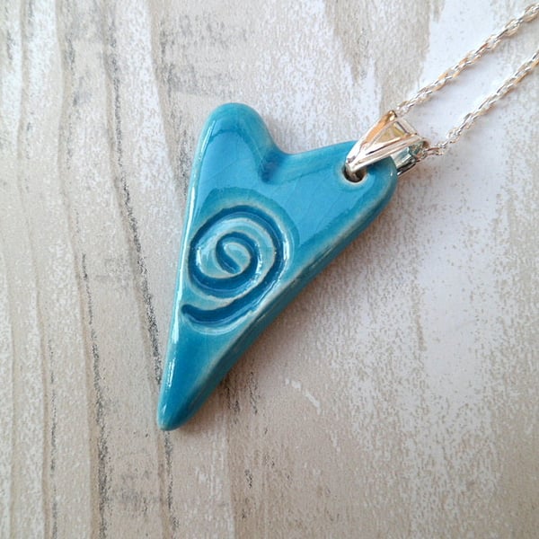 SALE Ceramic heart necklace imprinted with a swirl design - Sterling Silver