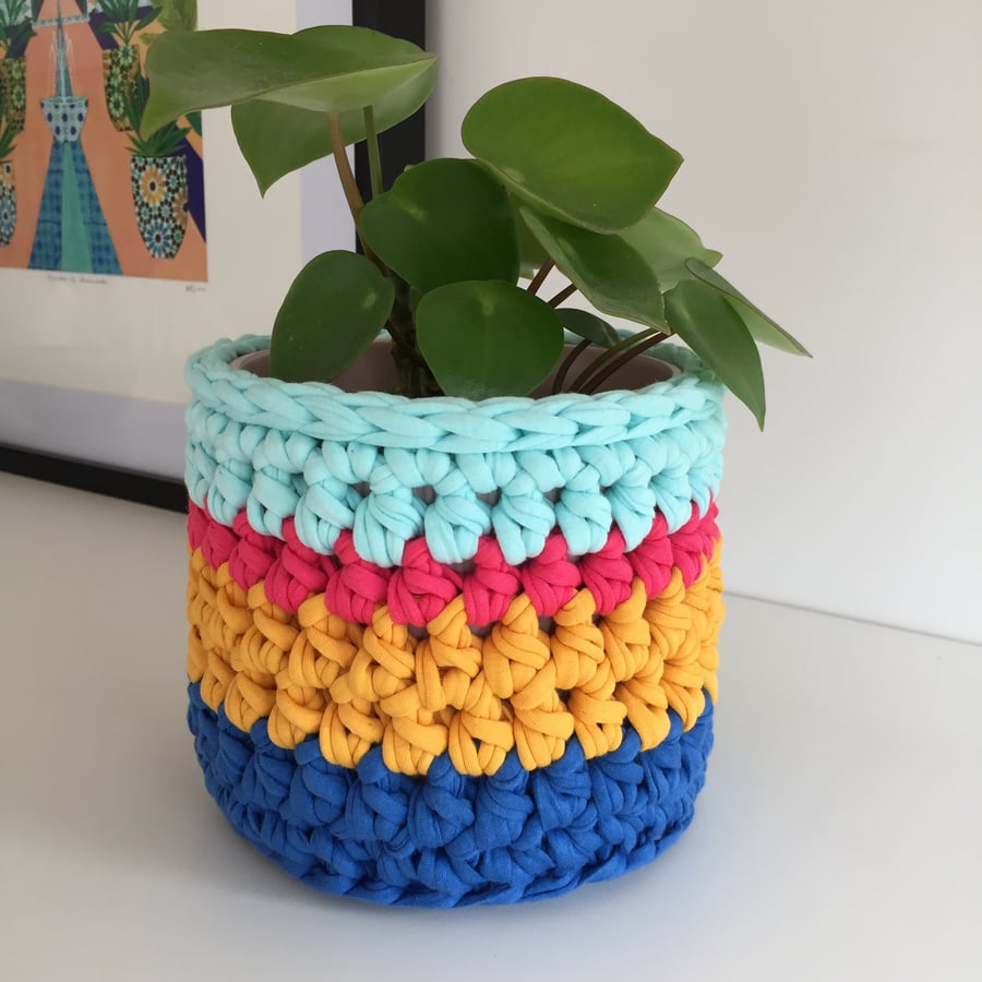 Crochet plant pot cover made with upcycled tshirt yarn - mustard small