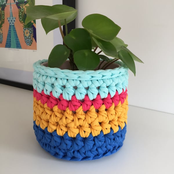 Crochet plant pot cover made with upcycled tshirt yarn - mustard small