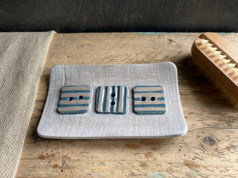 Handmade Ceramic Blue Button Soap Dish