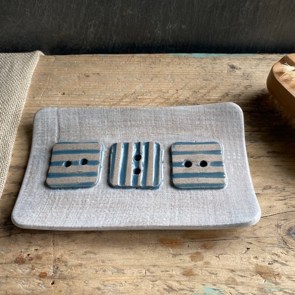 Handmade Ceramic Blue Button Soap Dish