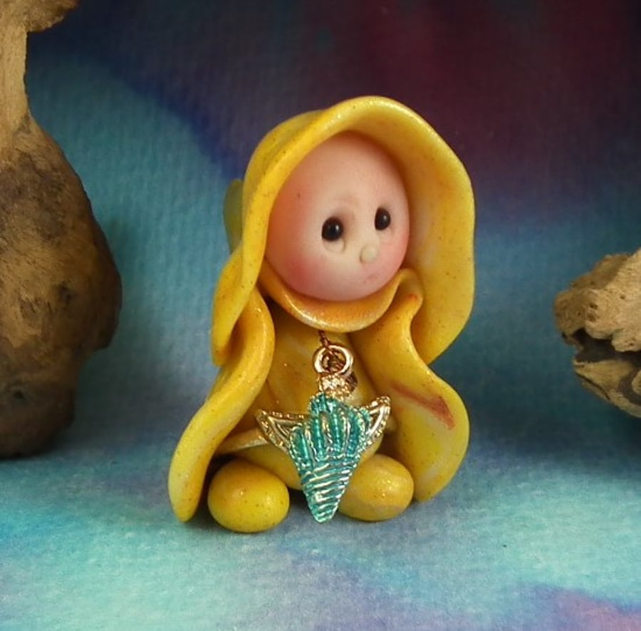 Spring Sale ... Tiny Beachcomber Gnome 'Olive' with shell OOAK Sculpt Ann Galvin