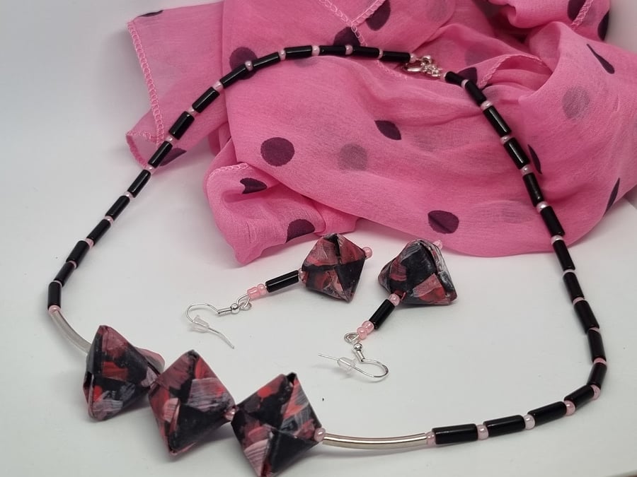 Necklace and earrings set - black and pink paper and assorted beads 