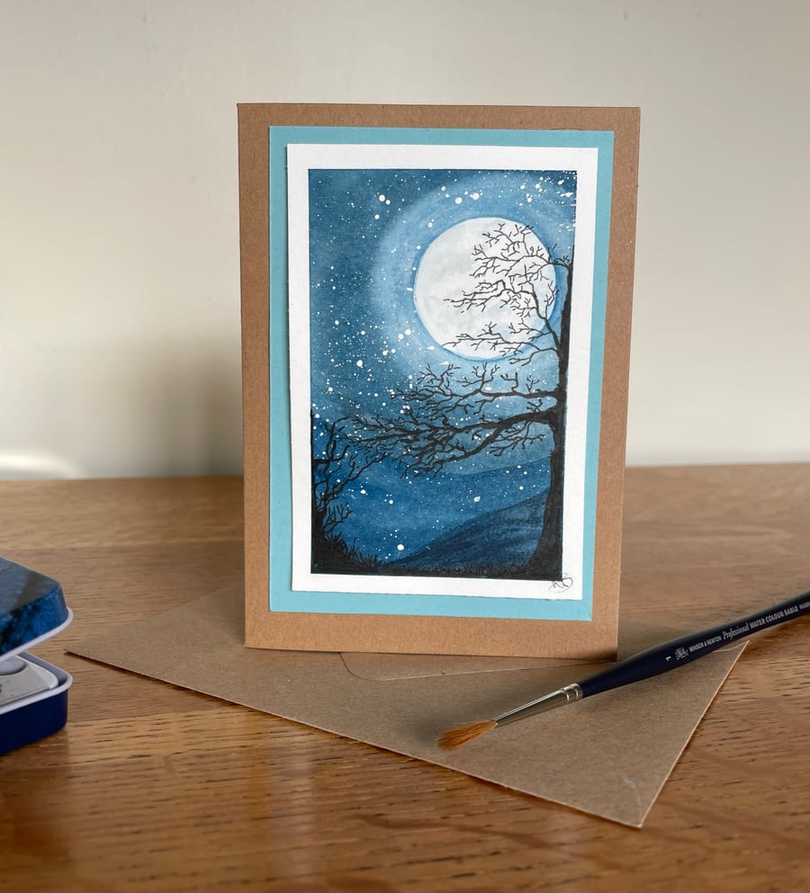 Cards, Greeting card, blank Moon and stars hand painted original artwork.