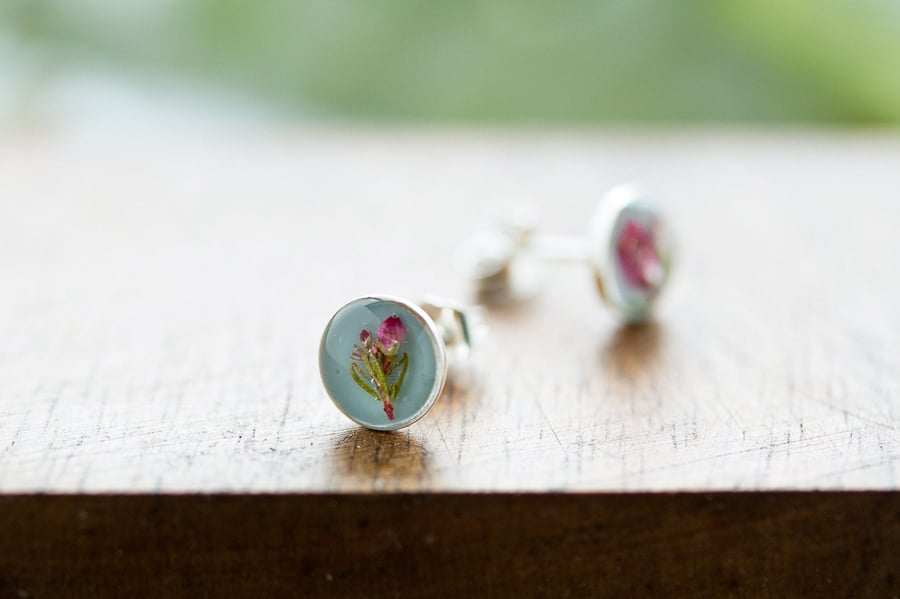 Tiny Real Flower Earrings - Baby Blue Rose Earrings Heather Earrings Pressed Flo