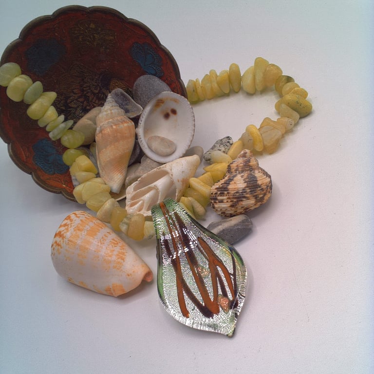 Green Brown & Gold Glass Teardrop Pendant on a Green Faux Jade Bead Necklace